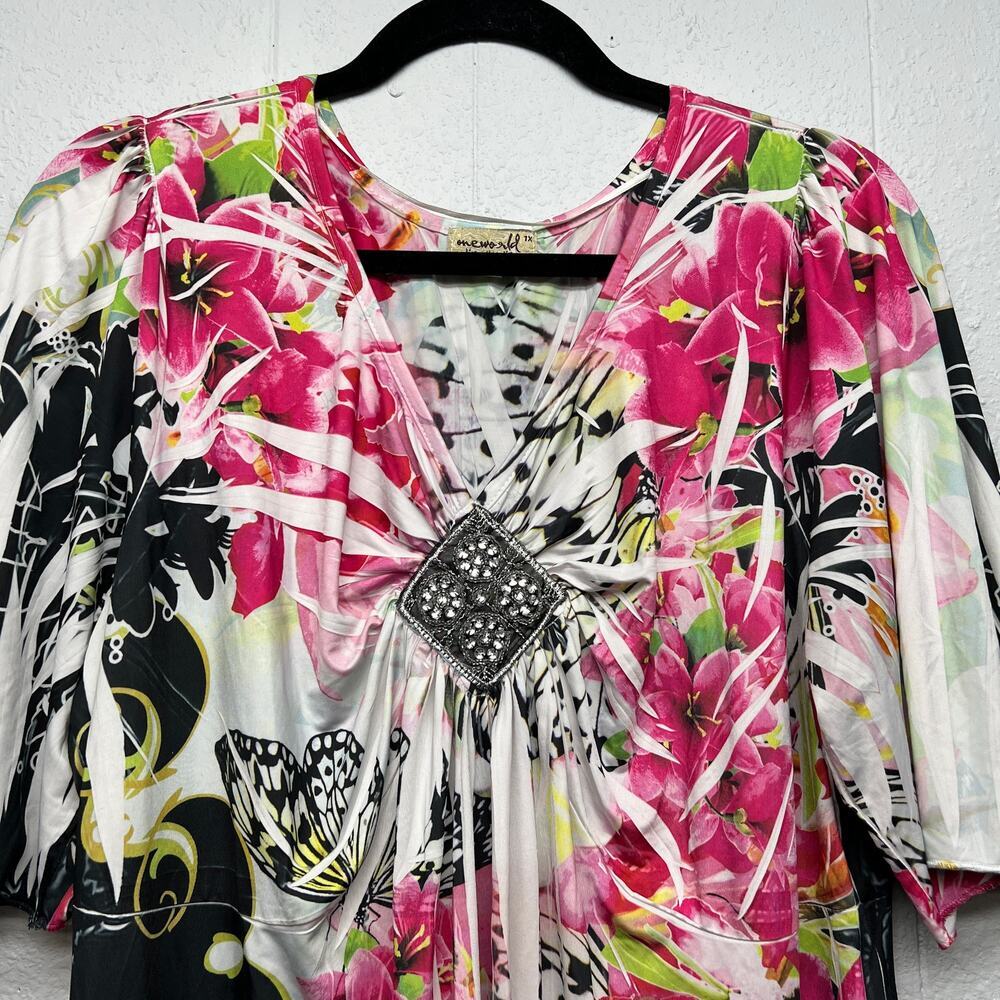 One World Floral Boho Womens Top 1X Embellished Y2K Fairy Grunge Dark Romantic - Picture 3 of 13